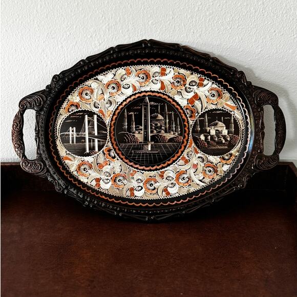 Vintage Turkish Brass Serving Tray Engraved Istanbul Skyline Boho Decor